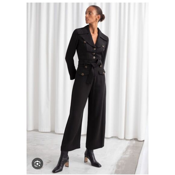 & Other Stories Pants - & Other Stories Black Button Front V-Neck Tie Belt Straigth Leg Jumpsuits size 8